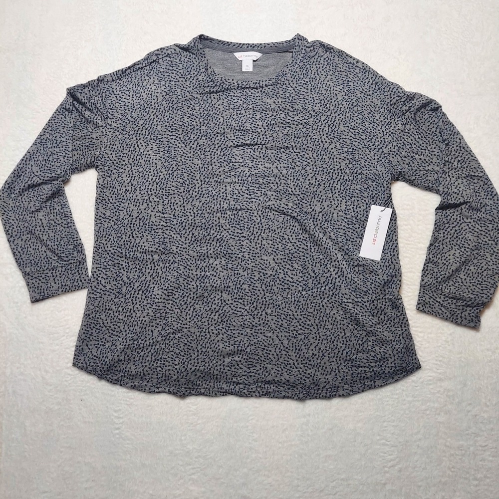 Liz Claiborne Long Sleeve Top Womens XL Grey Dot New NWT Crew Neck Casual